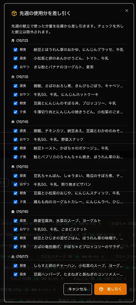 先週の献立を曜日ごとに一覧にして、チェックを付けたものの分量を在庫から差し引く画面